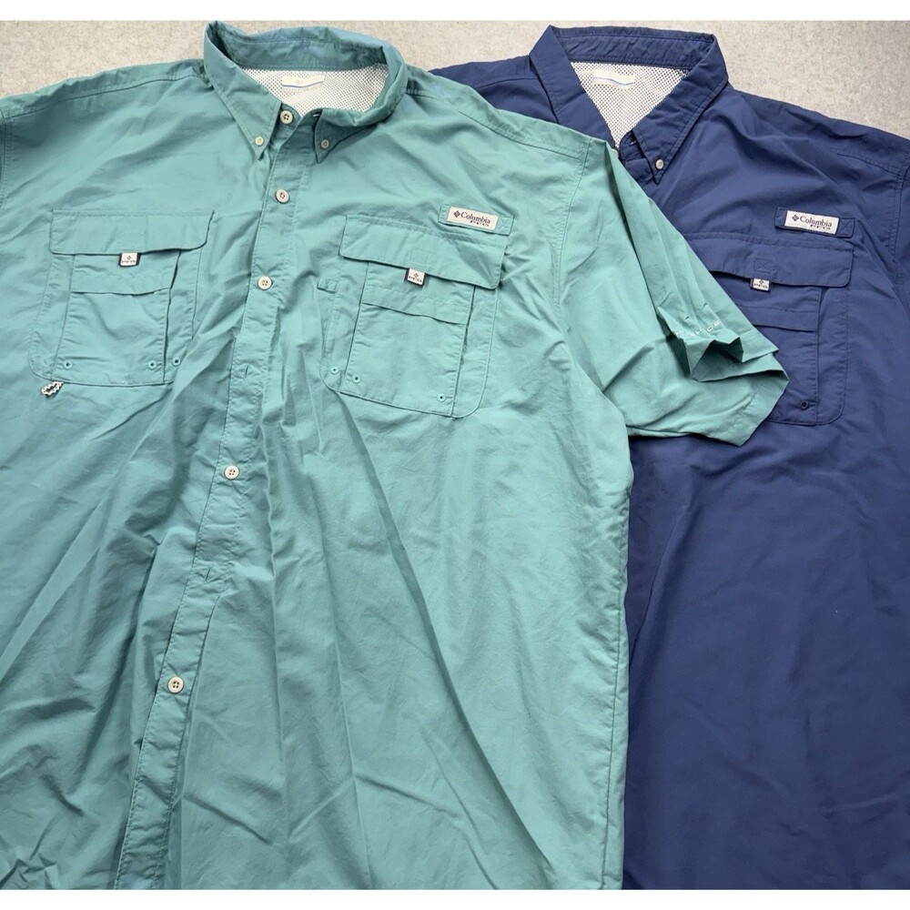 Columbia PFG 3XT/3TL Solid Short Sleeve Button-Down Shirt Blue Green Fishing